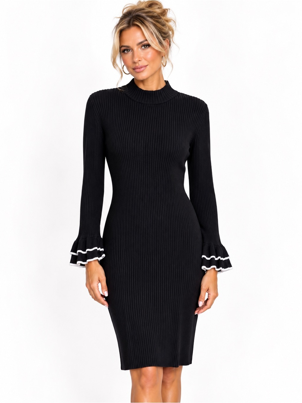 Linea Donna Black Ribbed Knit Ruffle Cuff Sweater Dress M
